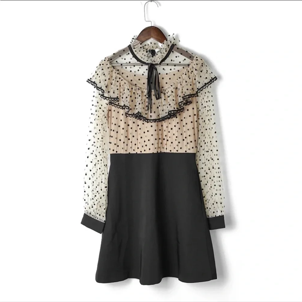 One Piece Lady Polka Dot Bow Ruffled Long Sleeve Mesh Dress - Picture 3 of 5